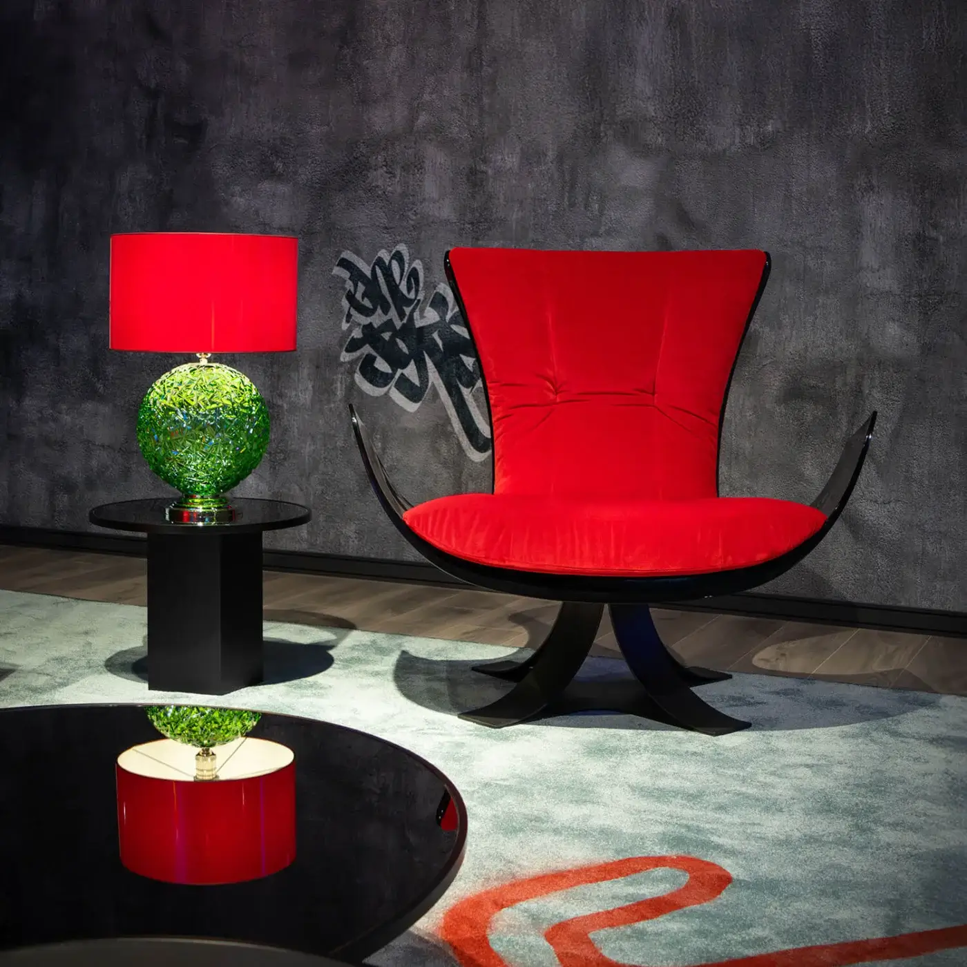 Exceptional Joker Home Throne lounge chair sculpted from hand-finished fiberglass enveloped in rich red velvet with unpredictable textures
