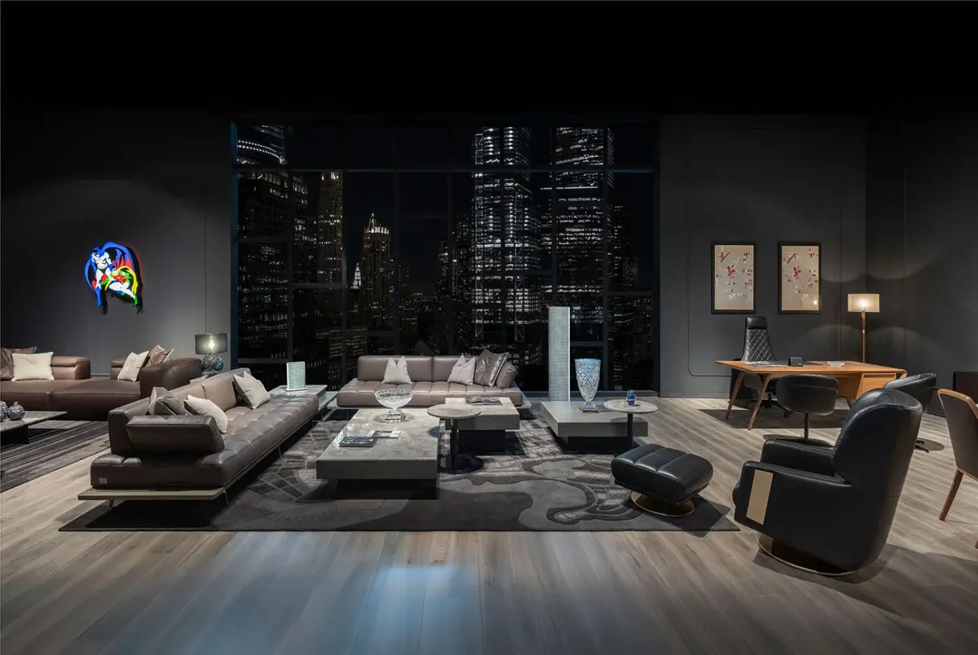 Exclusive Wayne Enterprises WE-029 sectional in deep brown Italian leather with lacquered feet and veneer structure