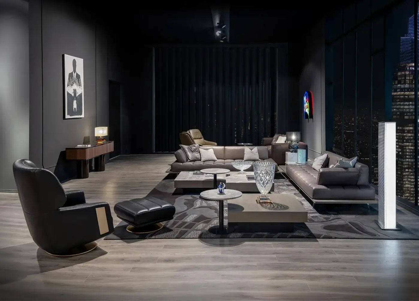 Distinguished WAYNE Enterprises WE-029 sectional with dark gray Italian leather upholstery and rich veneer in a matte finish