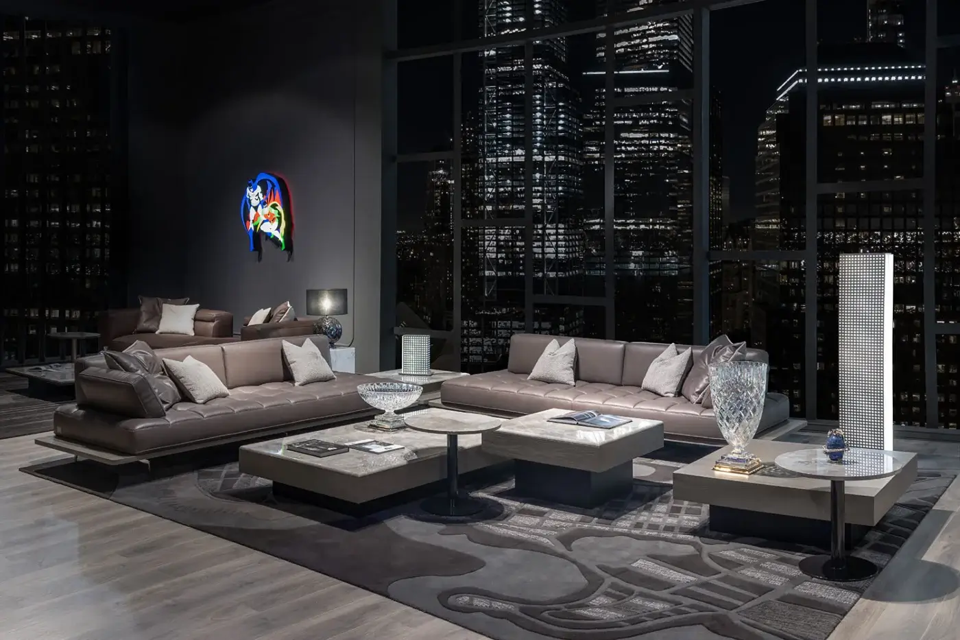 Exceptional WAYNE Enterprises WE-029 sectional with Italian leather upholstery and rich veneer in a matte finish