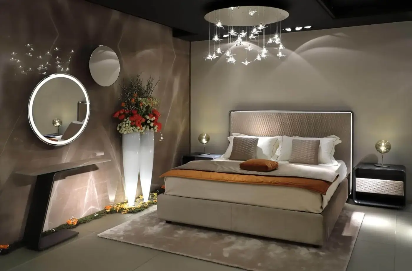 Exceptional Reflex Oh bed with padded beige textile and diamond quilting, built with a bronze shaped wooden frame and integrated lighting