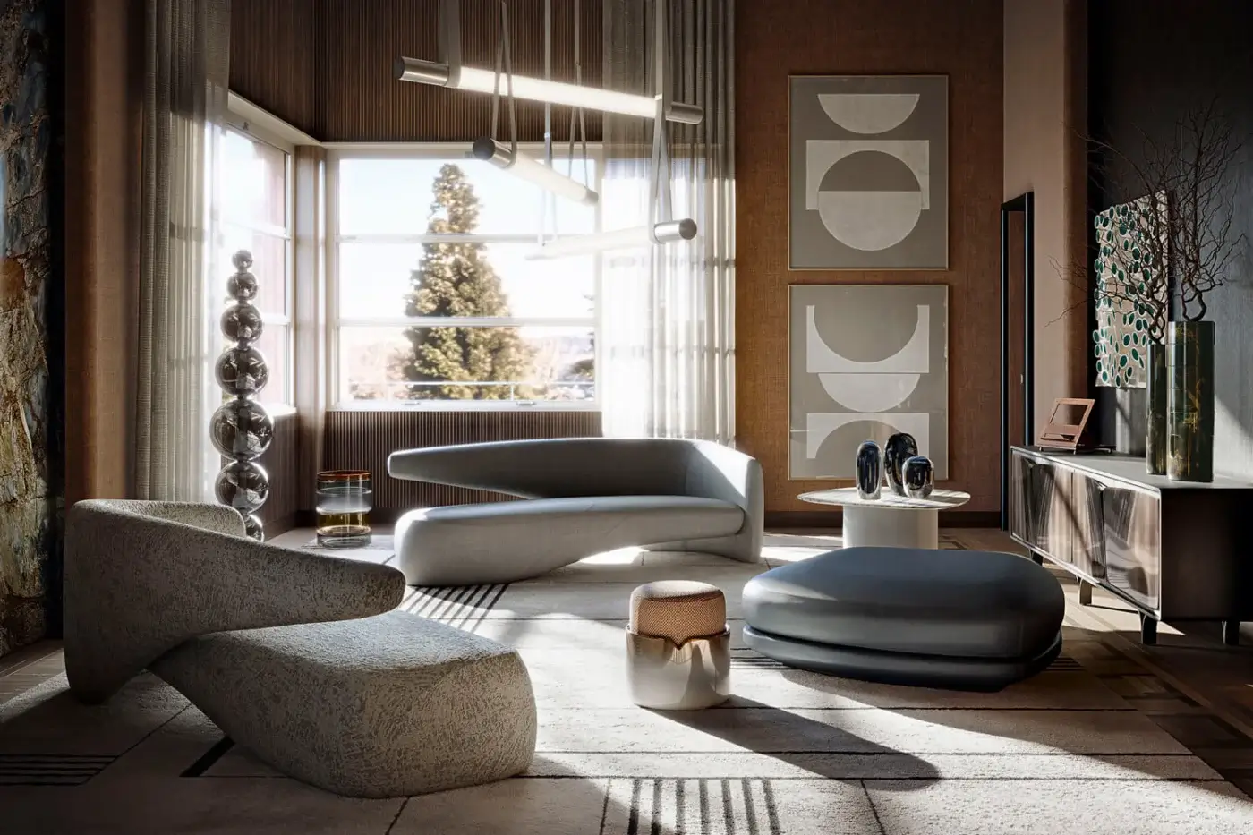 Superior Giorgetti Seidon Sofa Maserati Edition sofa upholstered in softly textured creamy off-white textile with cylindrical cushions and rounded gray ottoman