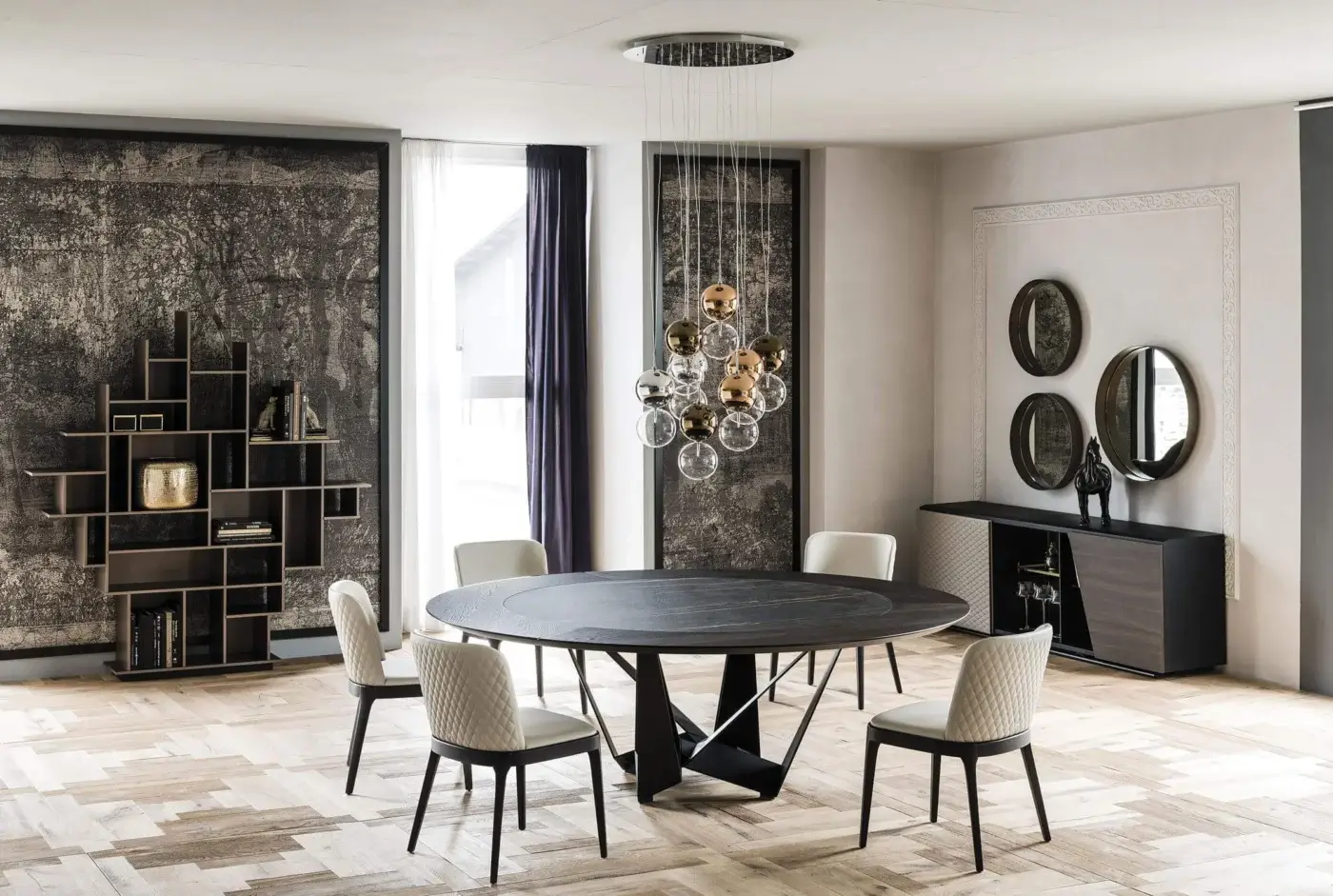 Superior Cattelan Italia Skorpio Ker-Wood round table with Canaletto walnut and Marmi ceramic insert in black embossed lacquered steel