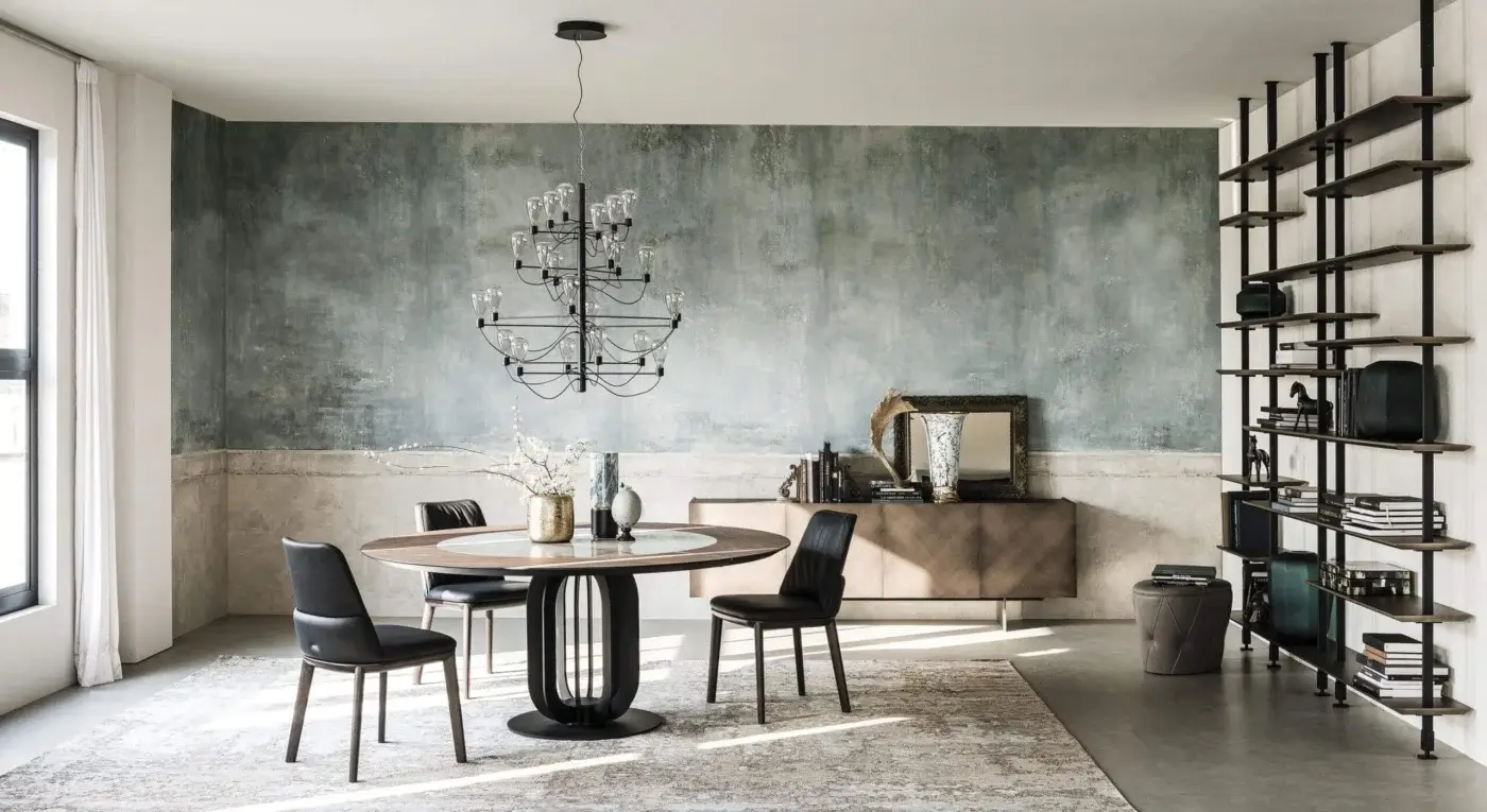 Exceptional Cattelan Italia Soho Ker-Wood table with Canaletto walnut, Marmi ceramic insert and black embossed lacquered steel base