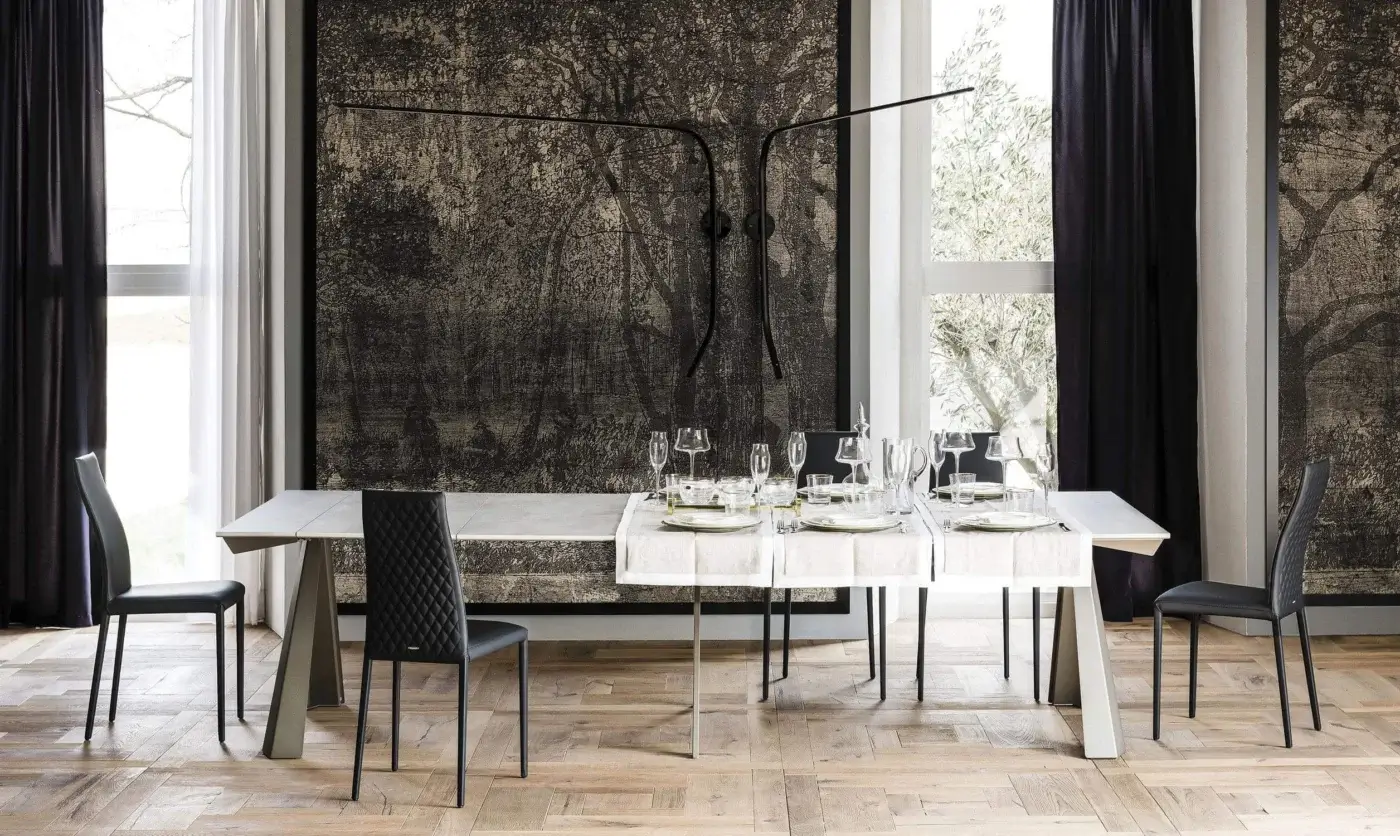Distinguished Cattelan Italia Convivium console crafted with light gray textured top and graphite embossed lacquered steel trestle base
