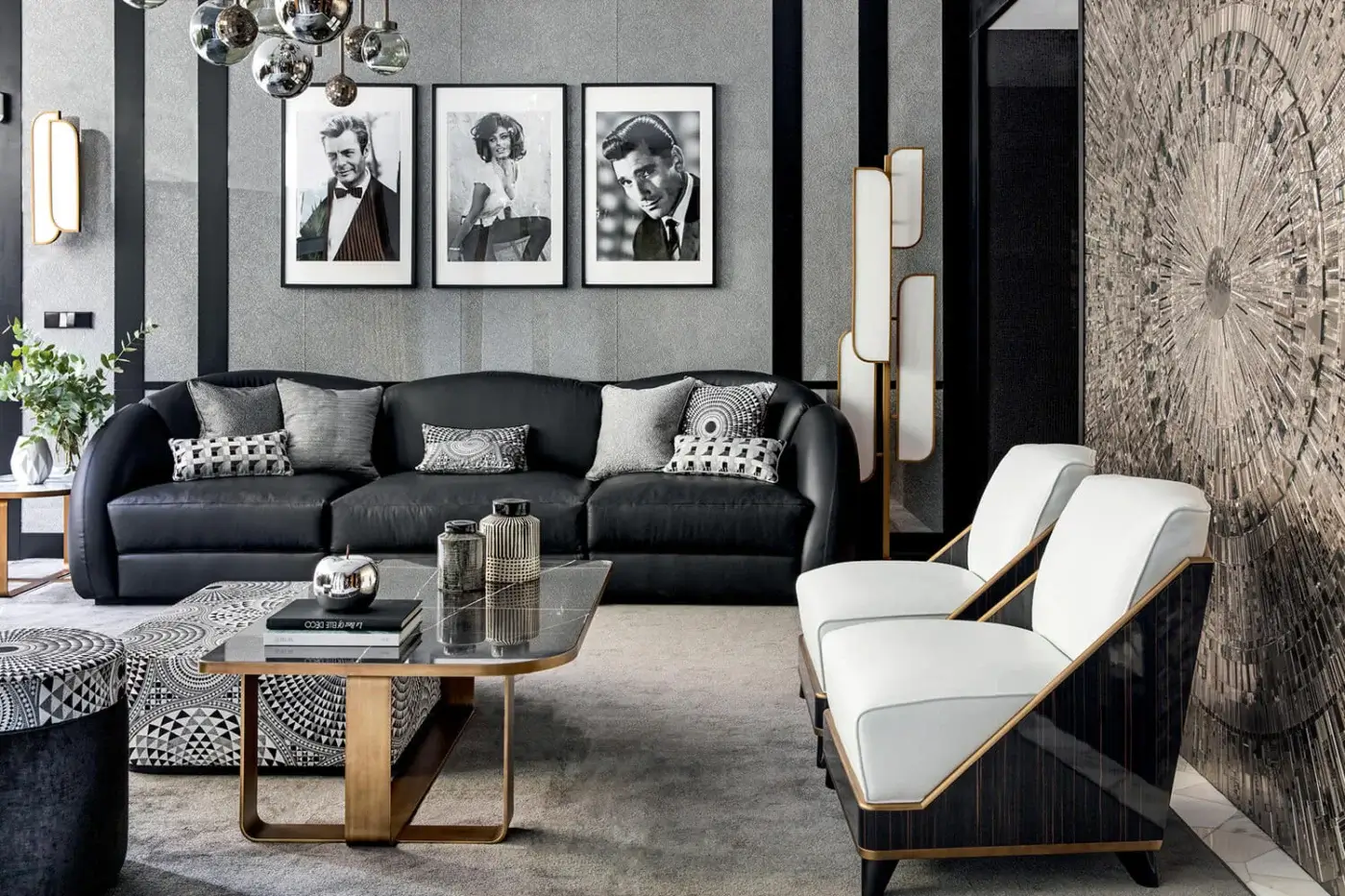 Lavish Sicis Visconti sectional with mixed feather cushions upholstered in deep charcoal gray textile and lacquered wood base