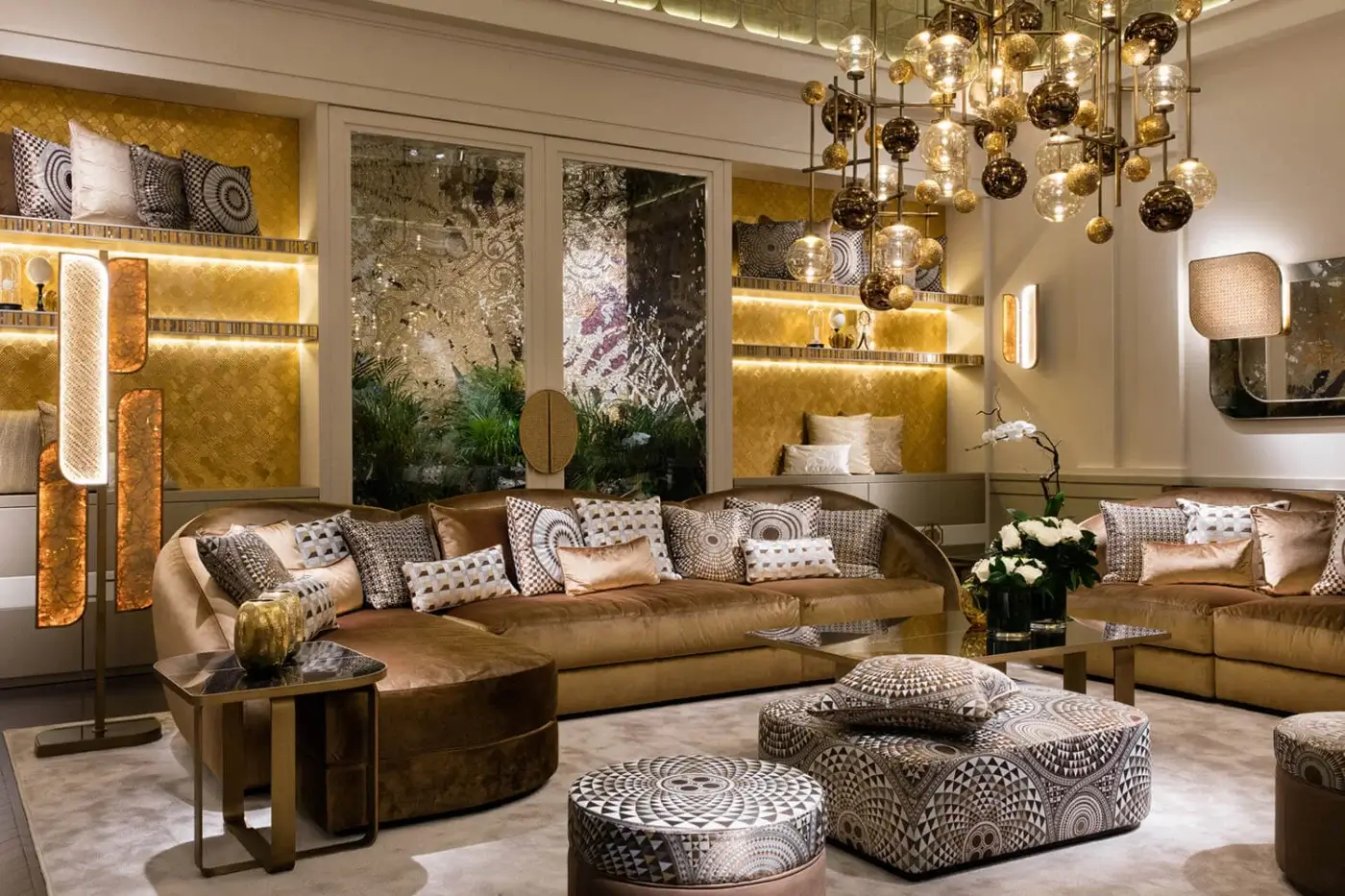 Exceptional Sicis Visconti sectional with plush mixed feather cushions upholstered in warm medium brown textile and solid wood construction