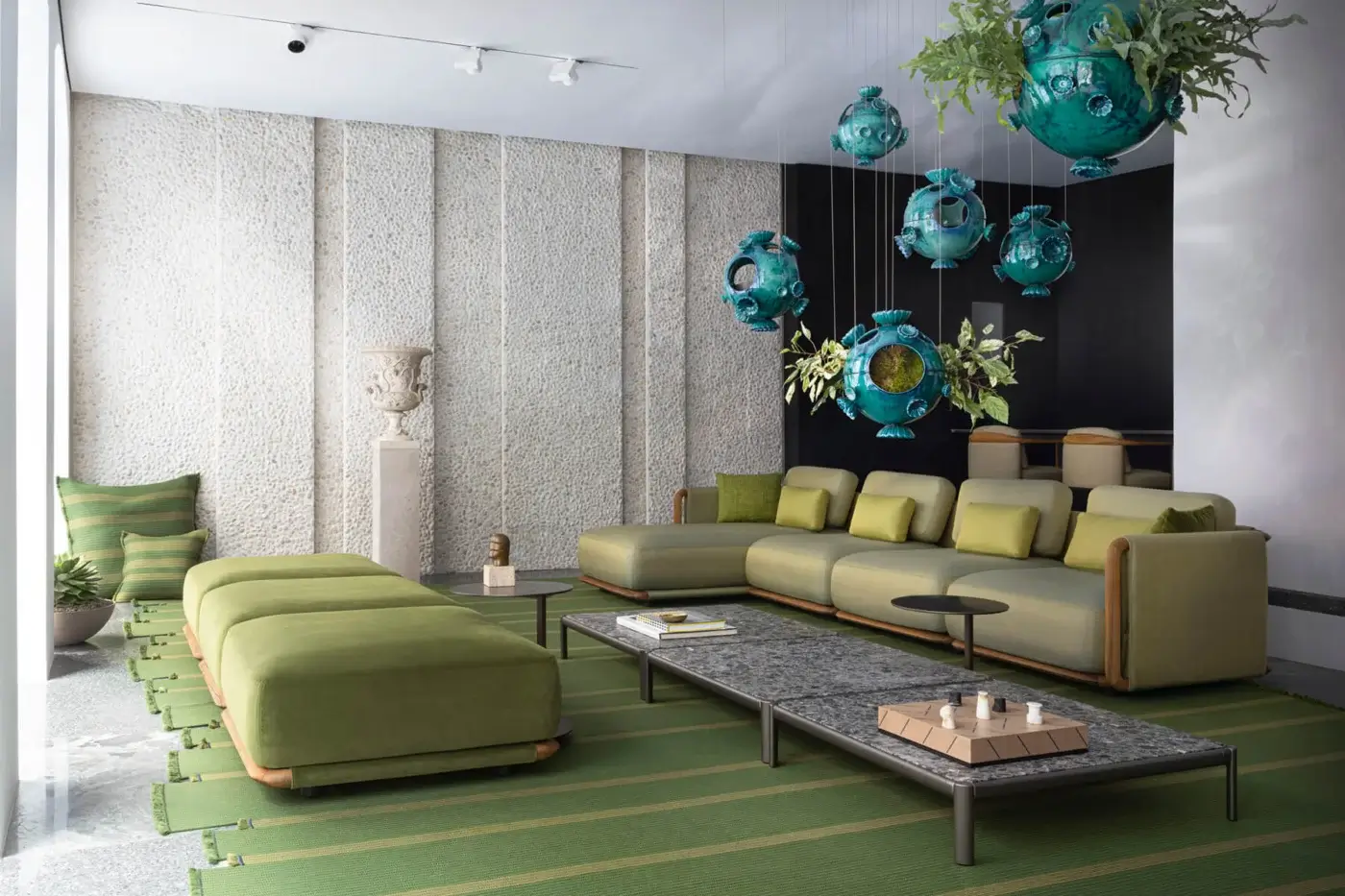 Distinguished Giorgetti Moorea sectional with pewter painted stainless steel, teak inserts and muted green draining rubber upholstery