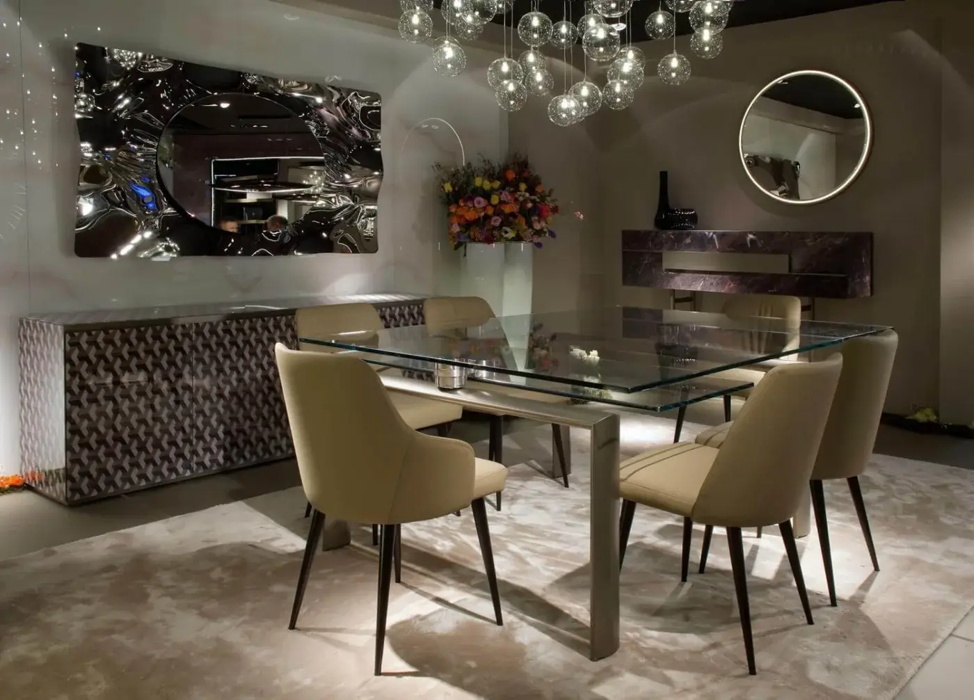 Exclusive Reflex Musa sideboard with a geometric facade in Marble glass and a bronze finished metal base