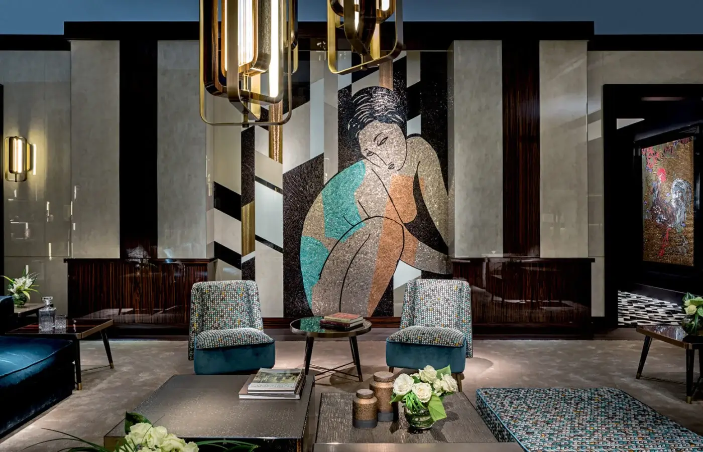 Elegant Sicis Peggy lounge chair with textured blue, brown, and beige textile upholstery and sleek metal legs