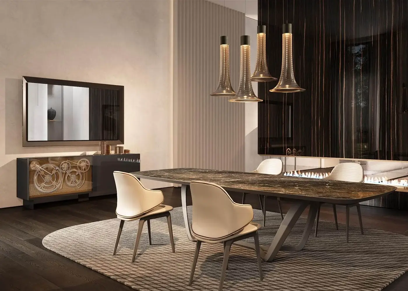 Exclusive Reflex Big Ben sideboard with glossy finish, metal legs in satin brass and visible working gears behind glass