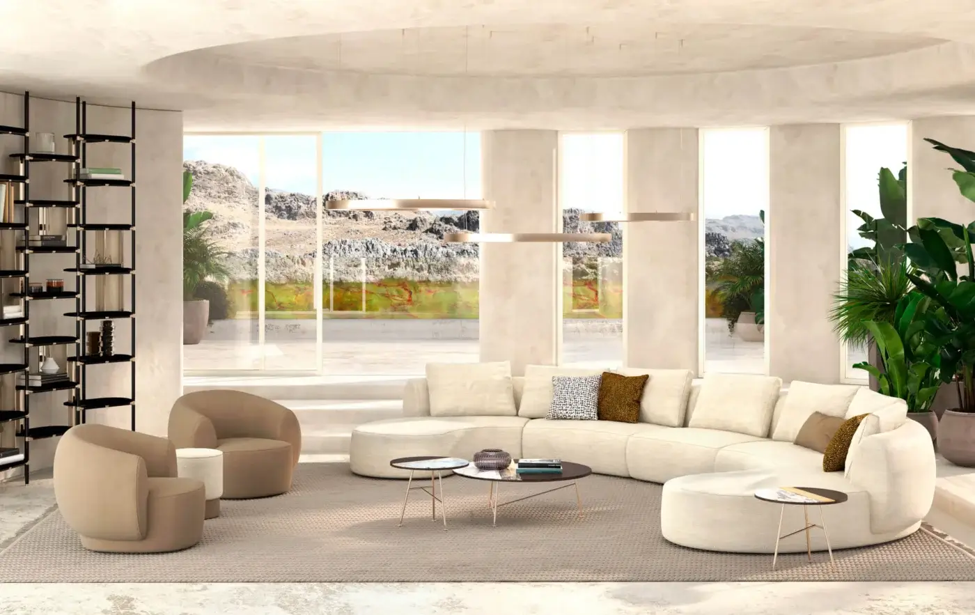 Distinguished Sicis Botero sectional with inviting curves upholstered in textured matte light beige fabric and solid timber frame