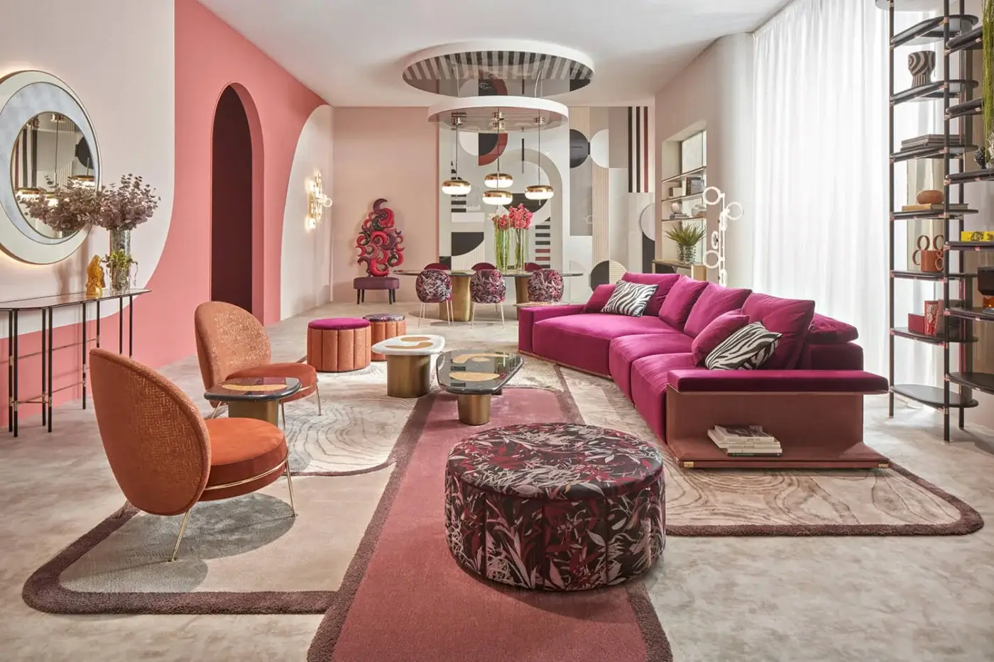 Exceptional Sicis Circus Ottoman pouf upholstered in lavish textile with vibrant multi-colored floral patterns