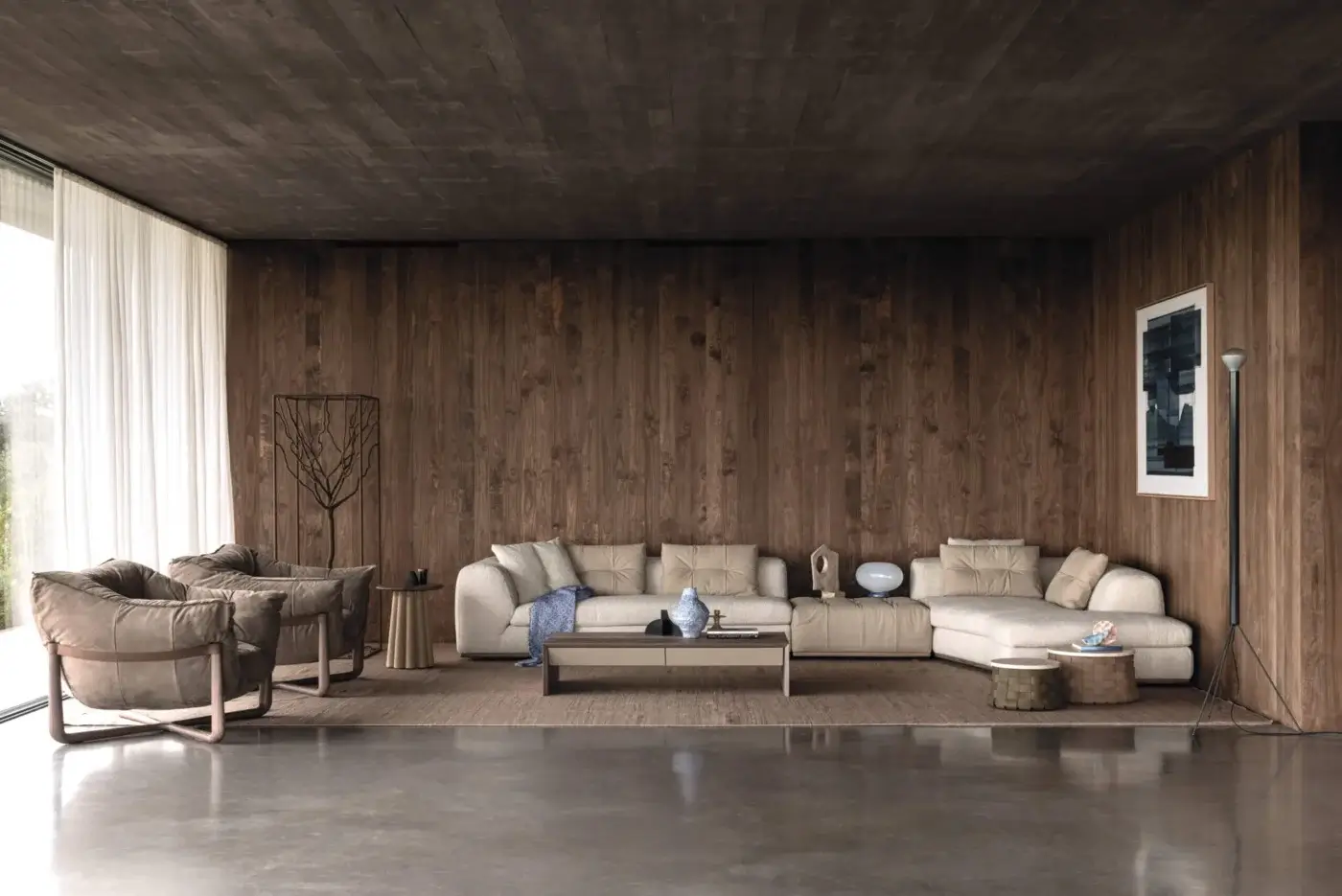 Elegant Cierre1972 Montgomery sectional in woven neutral beige fabric with quilted modules and siliconized microfiber cushions