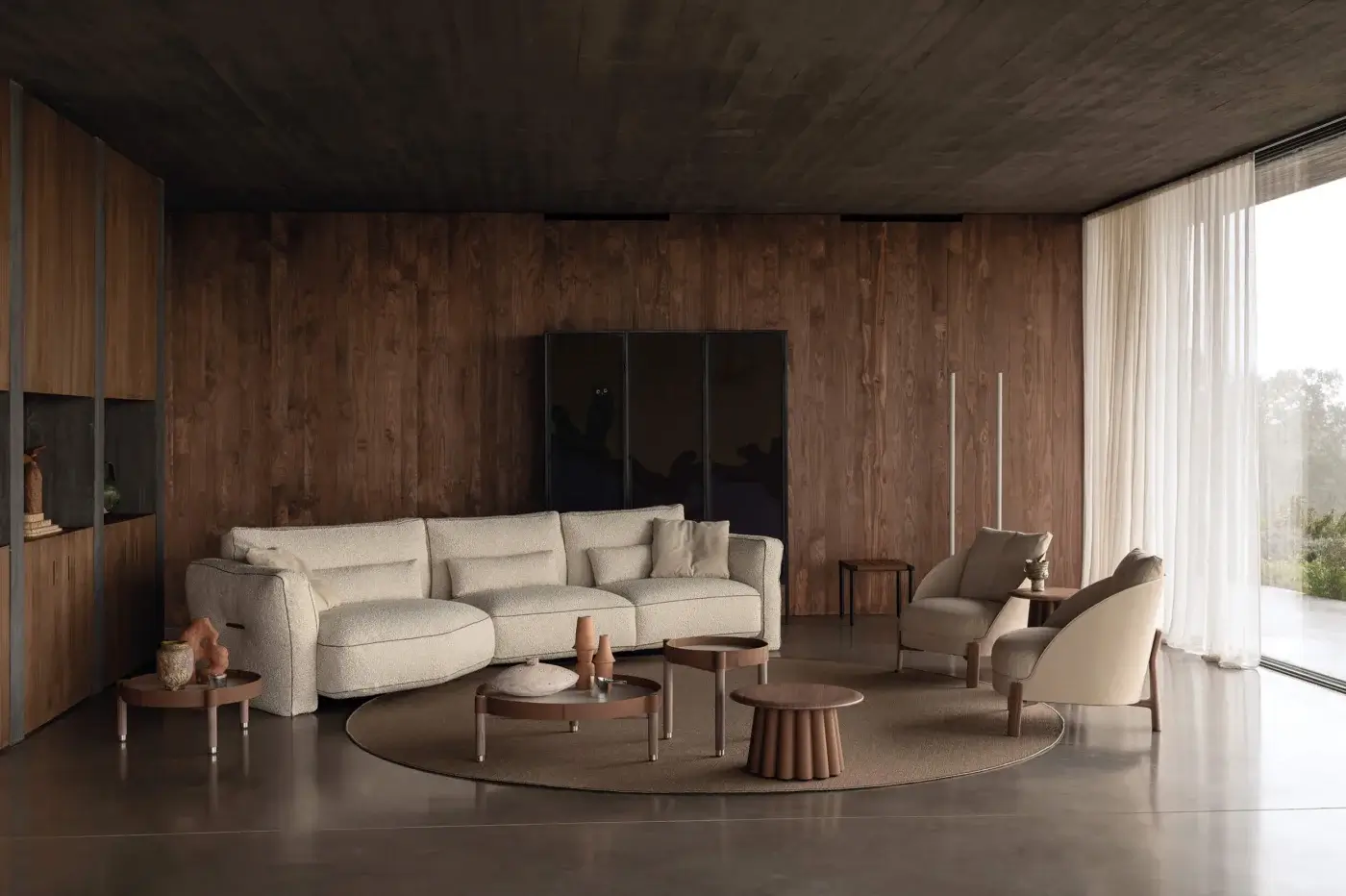 Distinguished Cierre1972 Loden sofa with organically curved form, textured matte beige textile upholstery and elegant leather piping details