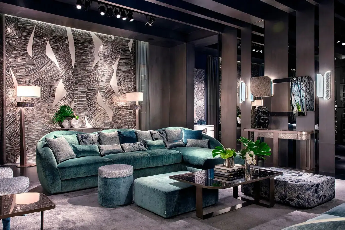 Refined Sicis Visconti ottoman crafted with textured muted teal fabric and a solid wood frame