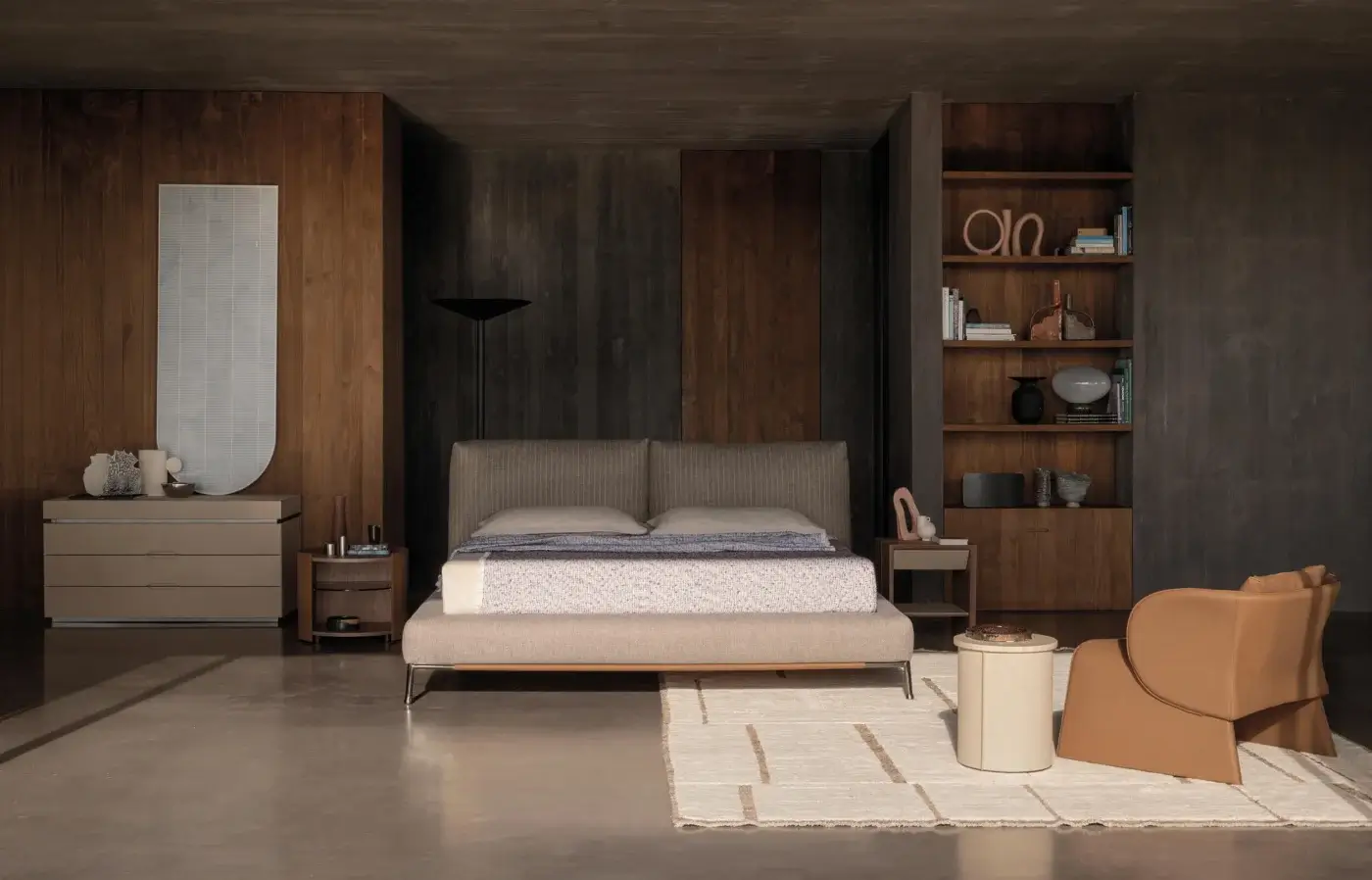 Exceptional Cierre1972 Chapeau Bed built with textured beige-grey textile and a reclining headboard for optimal support