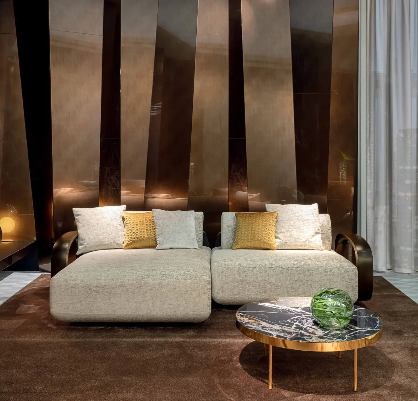 Exceptional Sicis Orbital coffee table with smoky mirror tops and polished golden metal base