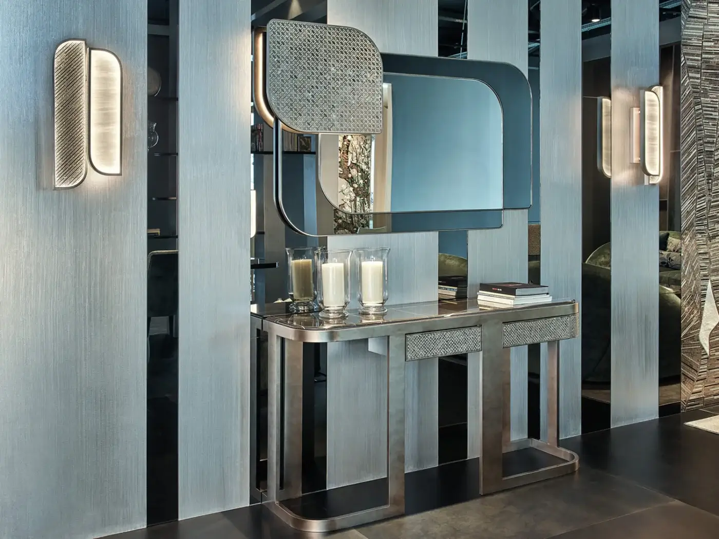 Exceptional Sicis Visconti console crafted with polished marble and silver-gray coated lacquered metal, showcasing mosaic detailing in microfiber upholstery