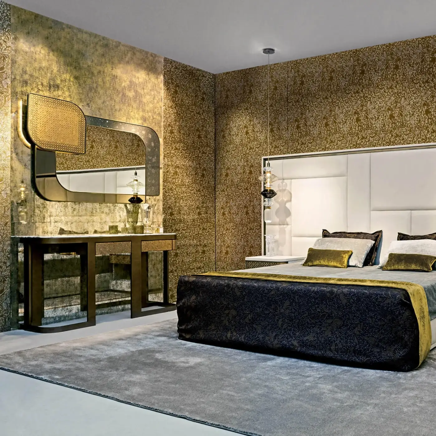 Superior Sicis Visconti console built with polished marble and dark coated lacquered metal exhibiting artistic mosaic detailing