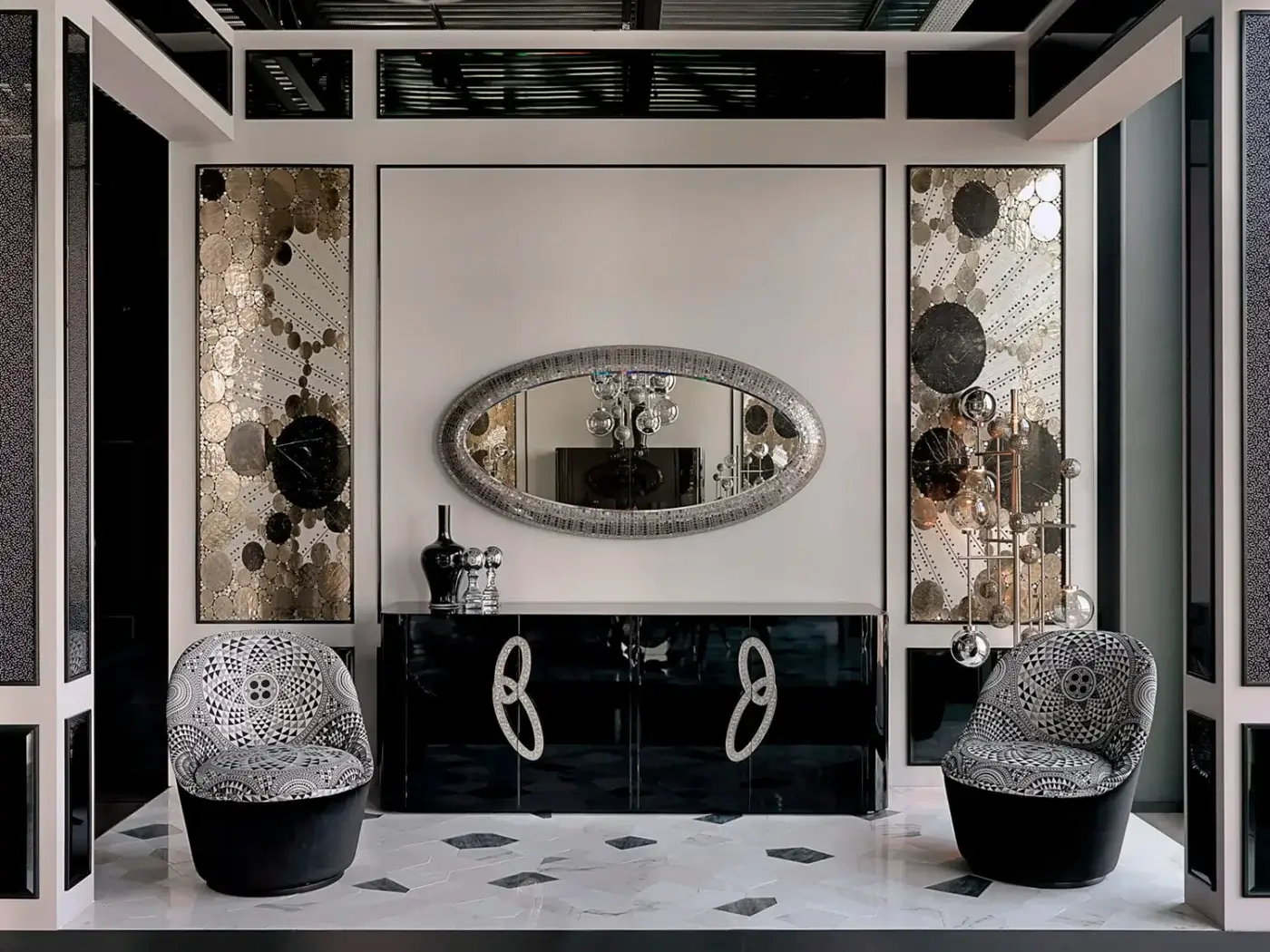 Distinguished Sicis Fluxus sideboard with black lacquer, curved white elements, smoky mirror, and microfibre-lined drawers illuminated by LED lighting