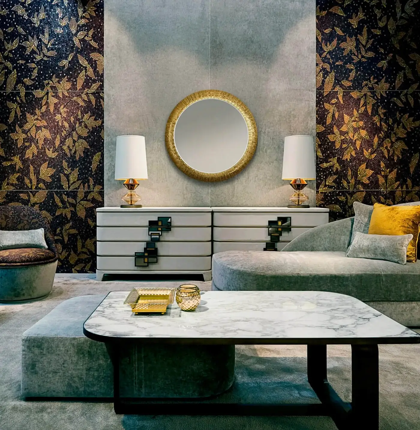 Lavish Sicis Fluxus mirror crafted with minute mosaic and smooth coated lacquered surface in bright gold tone