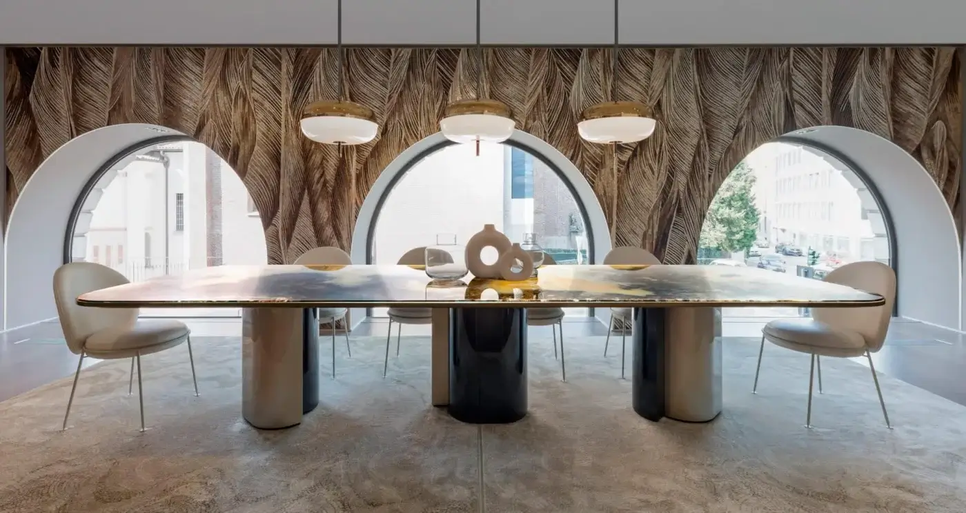 Distinguished Sicis Amaretto suspension lamp crafted with polished black nickel and champagne metal, featuring white opal blown glass with bronze mirror inserts