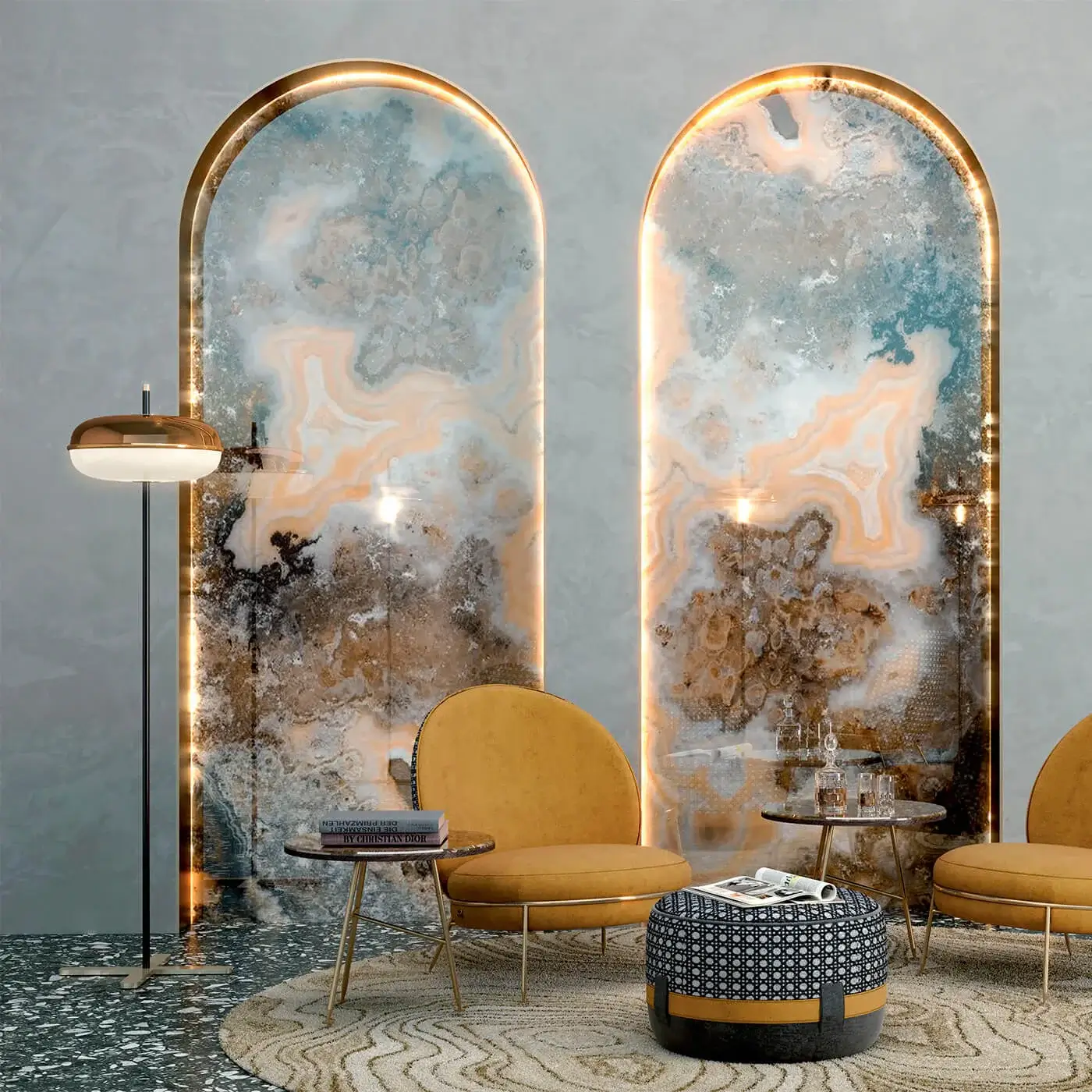 Distinguished Sicis Amaretto floor lamp crafted with sleek metal and exquisite blown glass in shiny black nickel with champagne accents