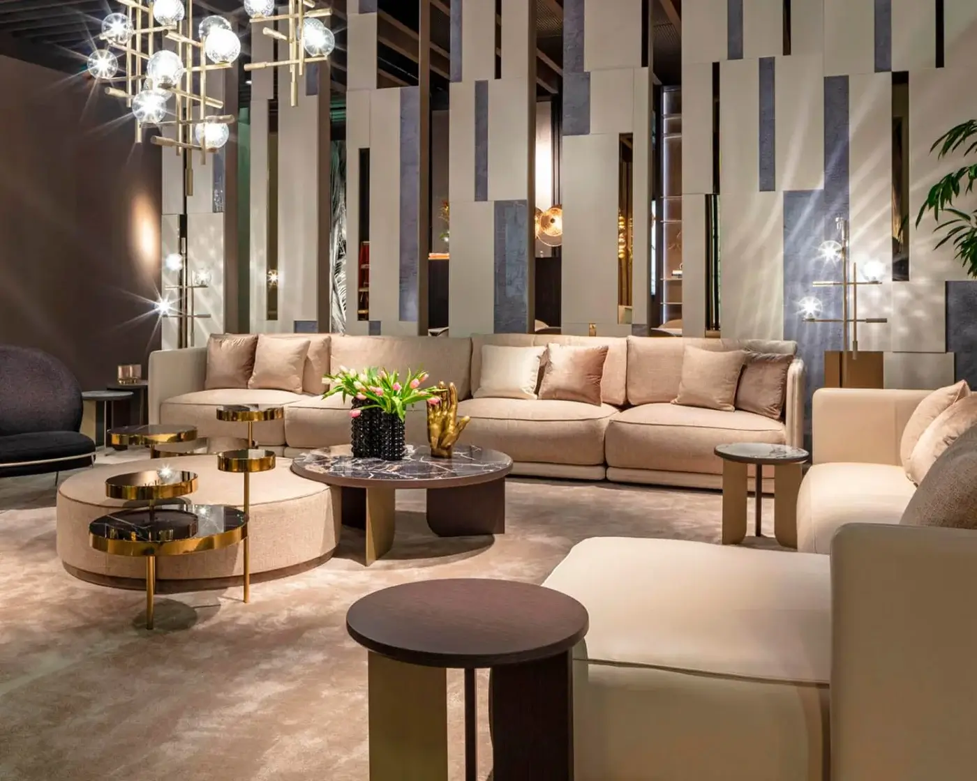 Distinguished Sicis Tris Murano floor lamp crafted with champagne metal and hand-blown Murano glass spheres with decorative leather cylinders