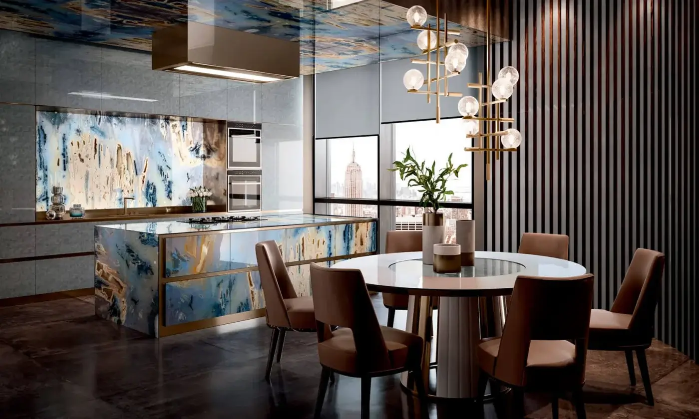 Lavish Sicis Tris Murano suspension lamp crafted in champagne metal with delicate Murano glass spheres