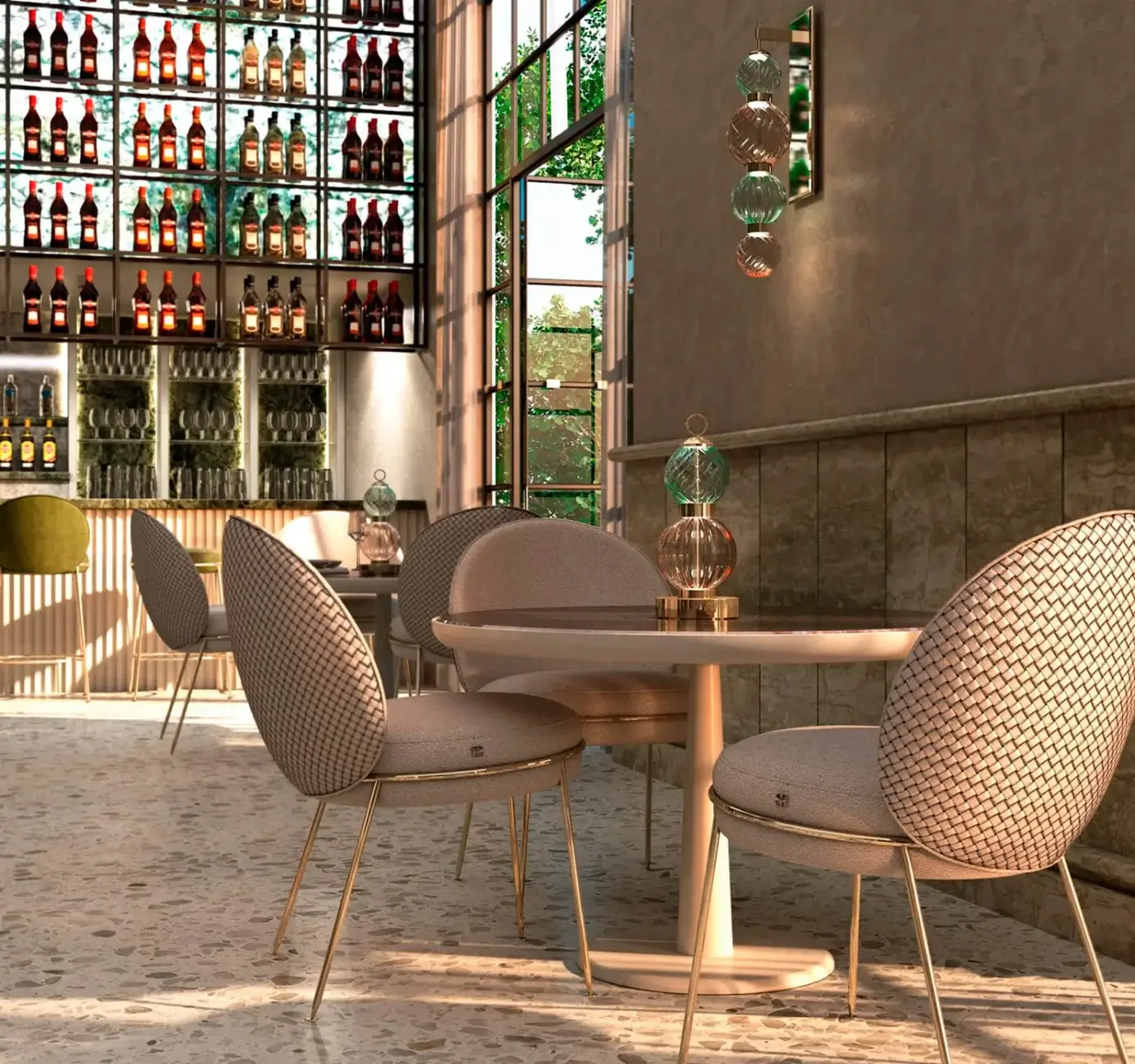 Refined Sicis Drop Battery Murano table lamp with stacked globes in warm rose and amber tones with satin finish