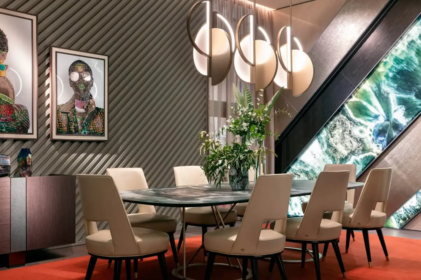 Distinguished Sicis Venus suspension lamp with a brass body and radiant backlit Vetrite glass in light beige with a champagne finish