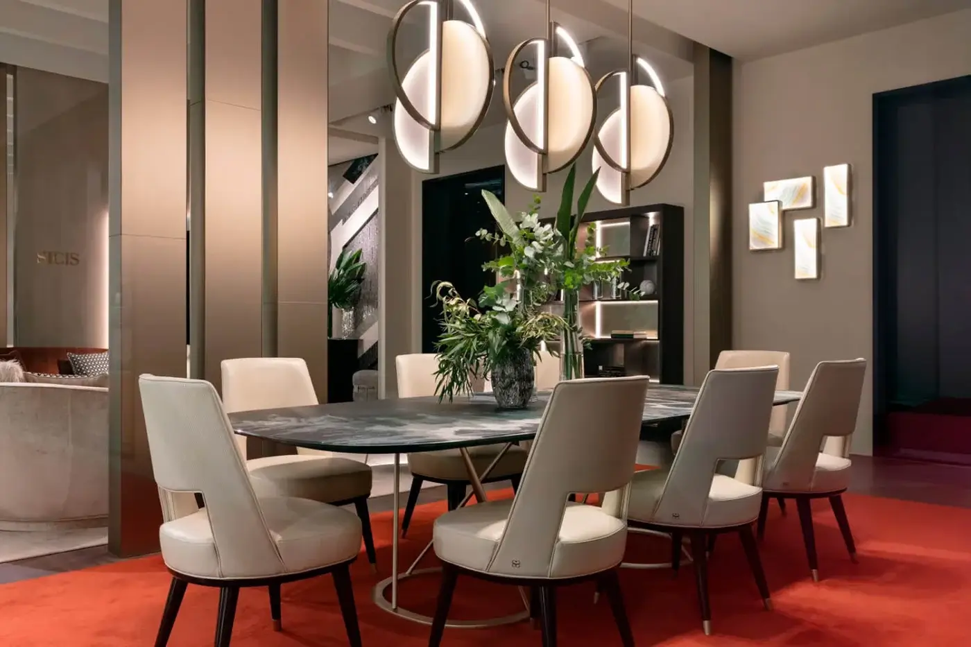 Elegant Sicis Venus suspension lamp with a brass body and semi-spheres in radiant backlit Vetrite glass with a satin finish
