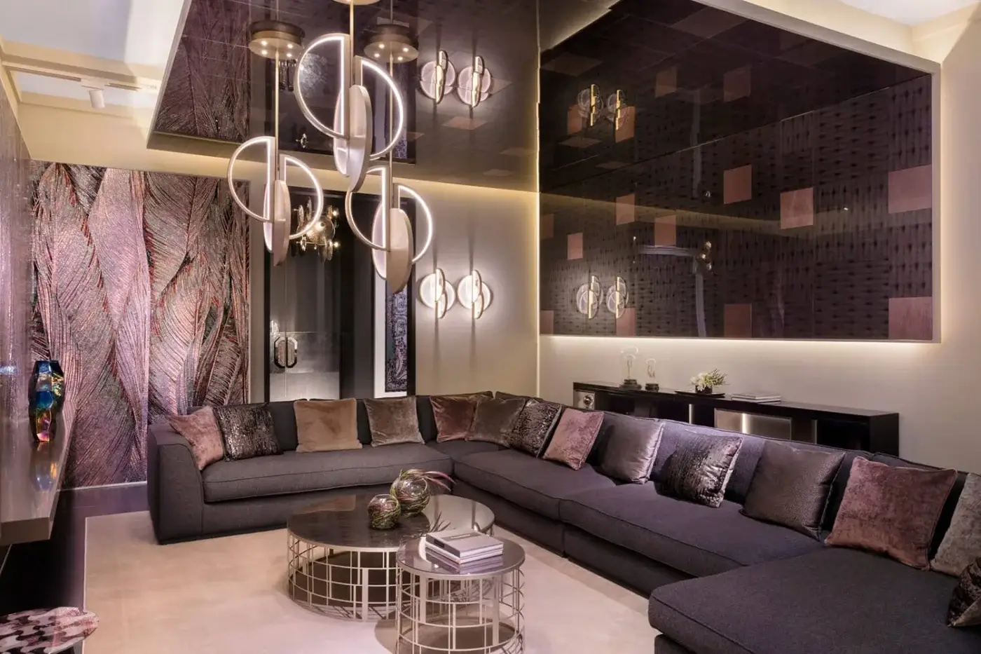 Superior Sicis Venus suspension lamp with a sleek brass body and radiant backlit Vetrite glass inserts crafted in champagne