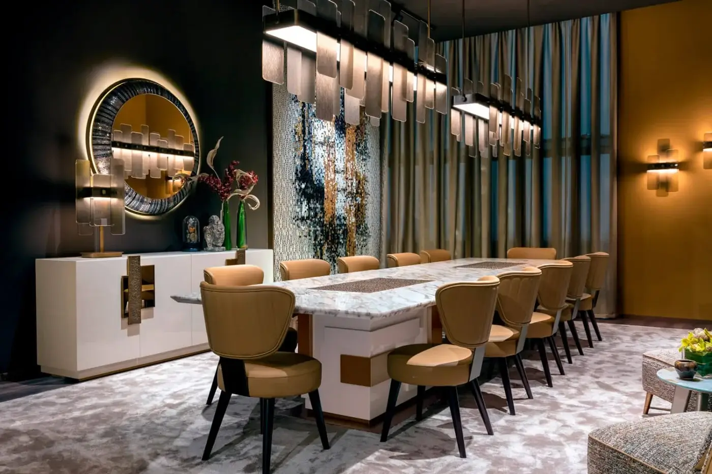 Elegant Sicis Oscar Chandelier lamp with a solid brass frame and vertically oriented frosted glass elements in antique bronze finish
