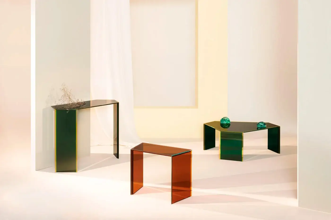 Luxury Glas Italia Bisel console crafted with five layers of forest to light green extralight glass and polished bevels