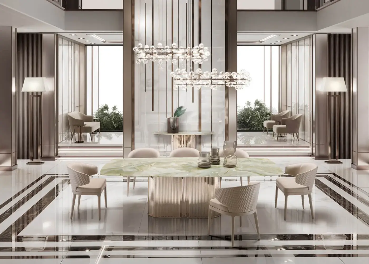 Exceptional DV Home Collection Majestic suspension lamp with sculptural metal and handcrafted glass spheres in a glossy silver finish