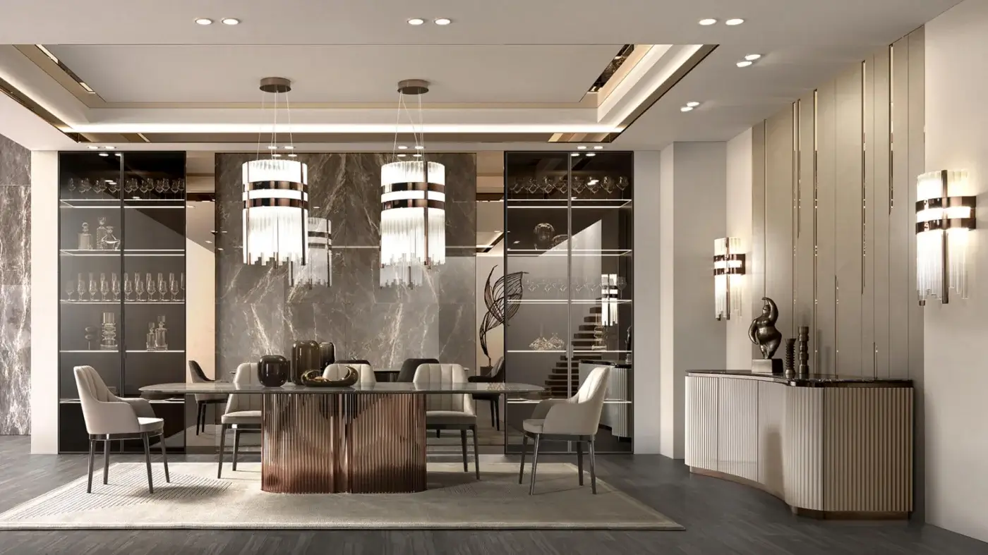 Superior DV Home Collection Elite suspension lamp with refined metallic finish and clear canneté glass shades crafted in Italy