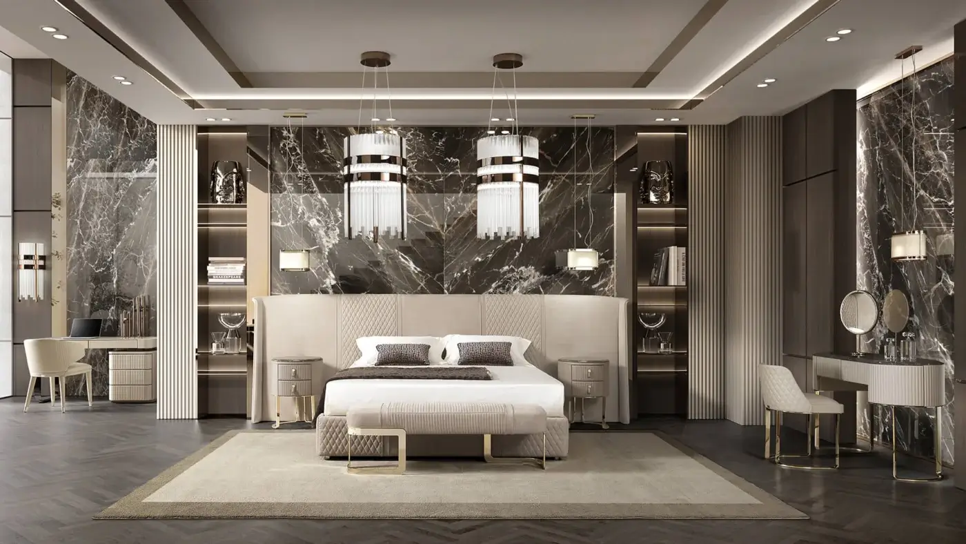 Lavish DV Home Collection Soho vanity with neutral beige leather upholstery and lacquered top built with luminous steel
