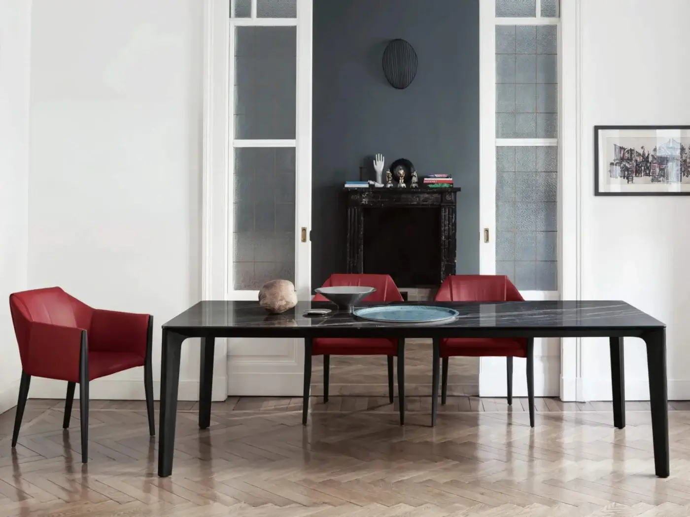 Distinguished Bontempi Versus table with dark polished marble and elegantly angled matte-finish wooden legs