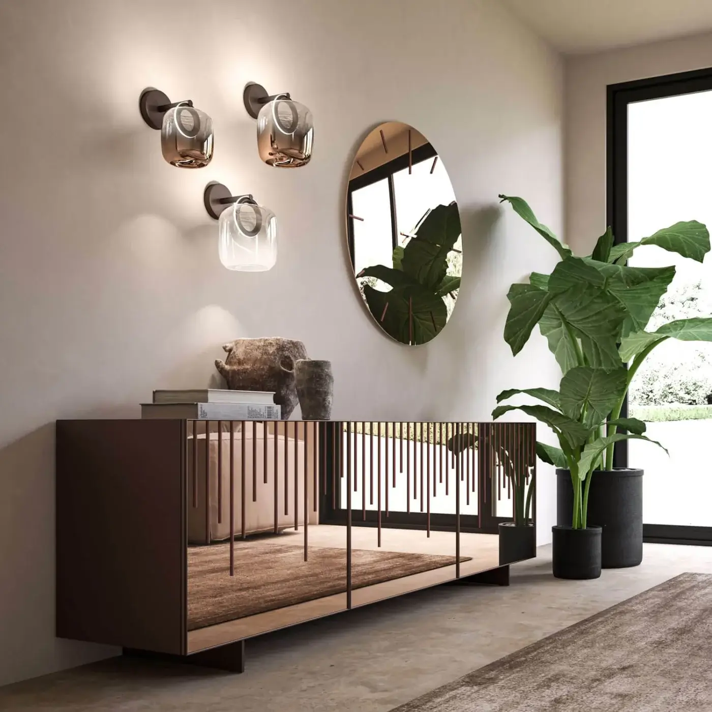 Distinguished Ozzio Italia Botticelle wall lamp with a warm brass metal structure and delicate glass lampshades