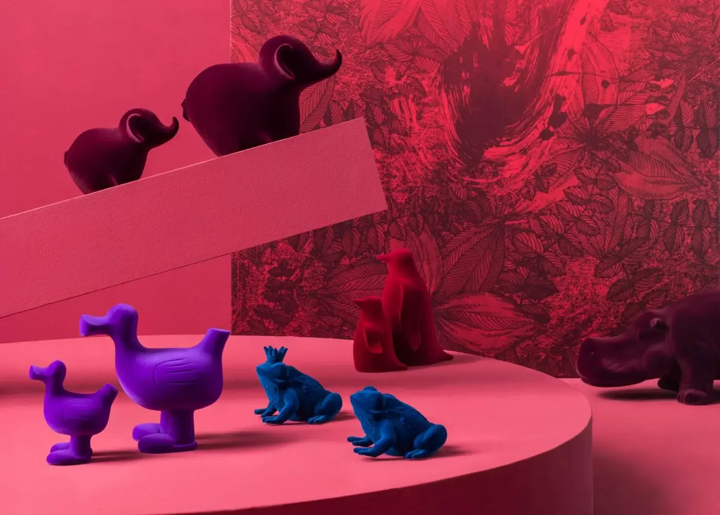 Lavish Adriani e Rossi Arturo sculpture set with purple velvet enveloping ceramic forms and a smooth matte finish