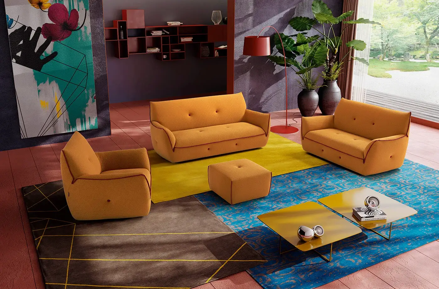 Exclusive Egoitaliano Yuki sofa in golden-yellow bi-elastic technical fabric with lycra profiles and wood frame construction