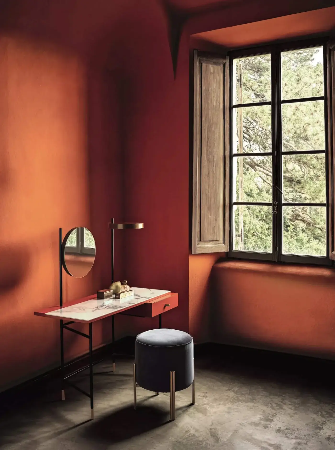 Distinctive Bontempi Vanity Desk with light marble-like synthetic tabletop and saturated red painted drawer front built with a dark metal frame