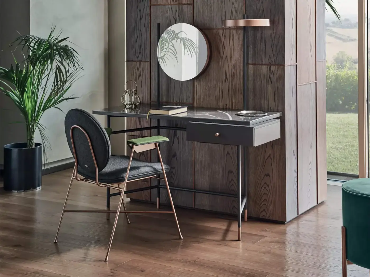 Superior Bontempi Vanity Desk with dark brown wood frame and dark gray glossy marble-like desk surface exhibiting a satin finish