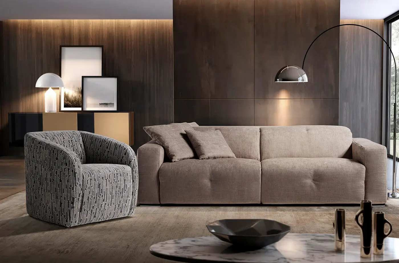 Superior Egoitaliano Carlotta lounge chair with neutral beige woven textile and rounded fully upholstered silhouette