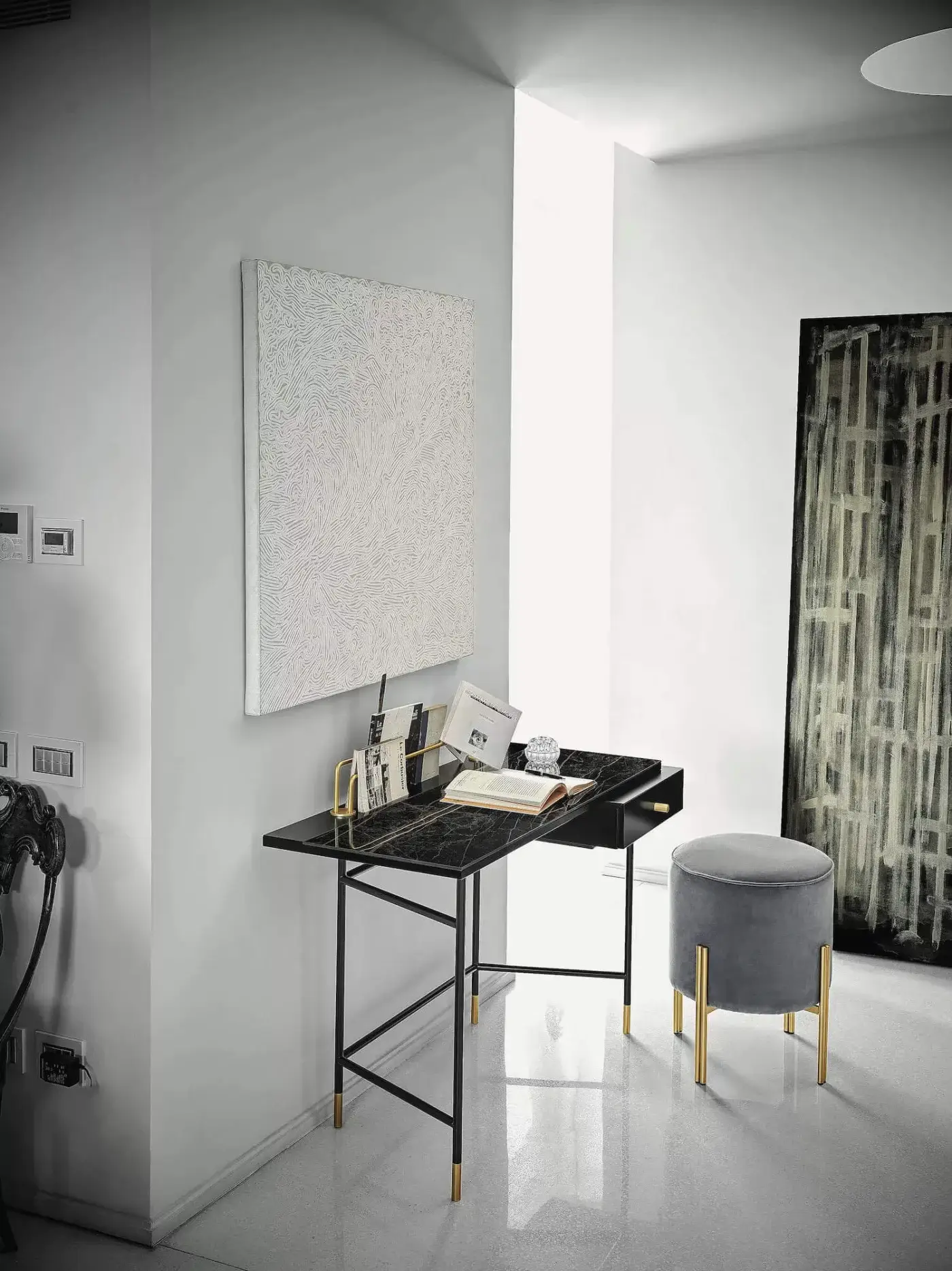 Elegant Bontempi Vanity Desk with polished stone tabletop and black metal frame accented with gold details