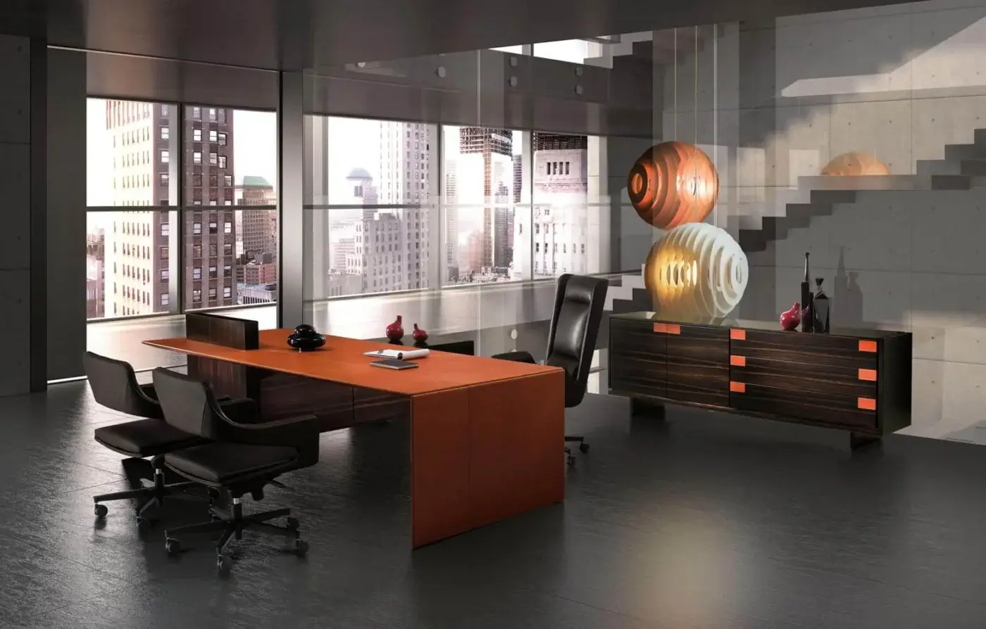 4Mariani sideboard with dark wood veneer, horizontal stripes, and orange LED lighting, in a minimalist modern office with cityscape view.