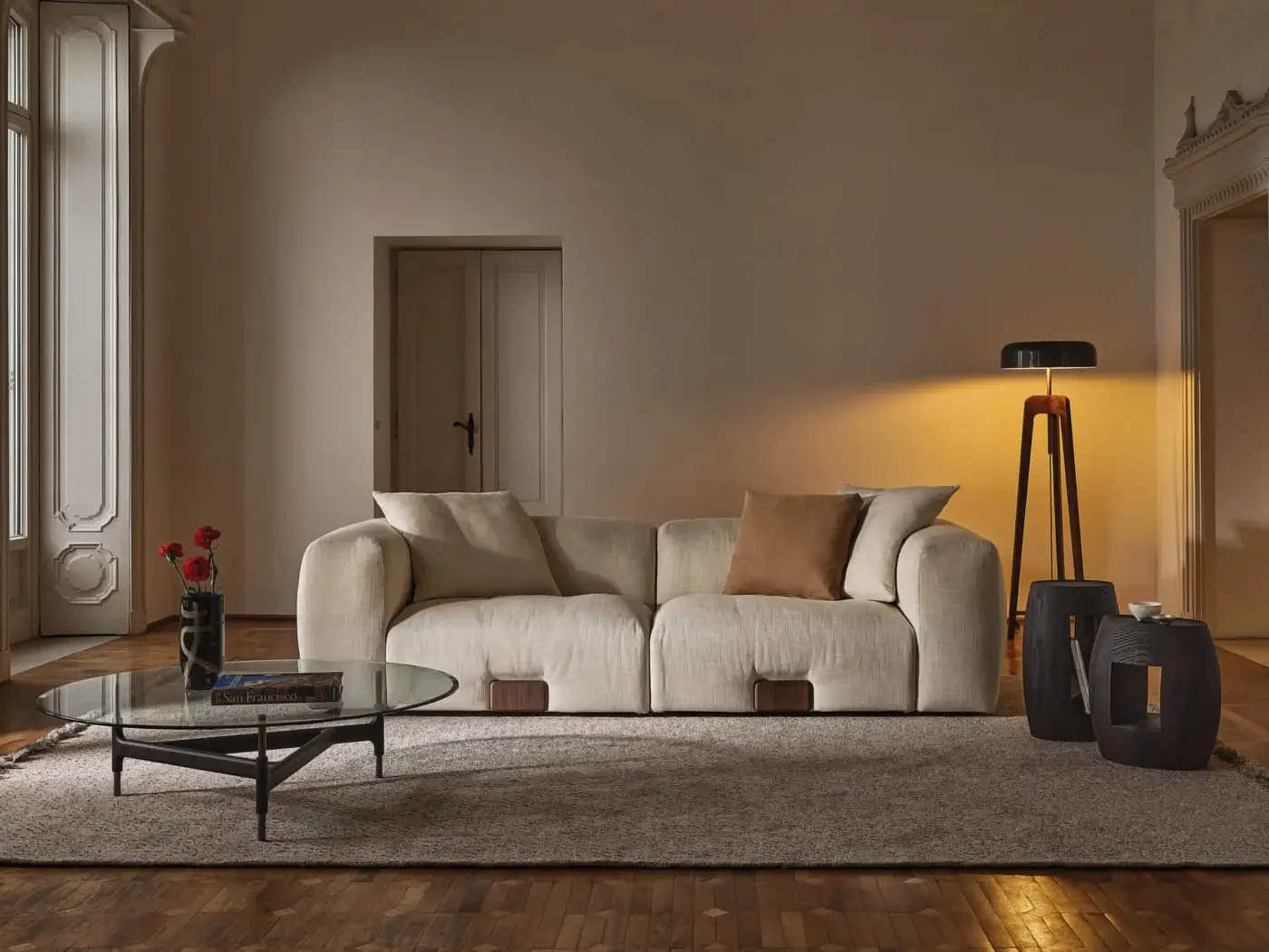 Architectural Porada Koji sofa with light beige textile upholstery and distinctive Canaletta walnut detailing