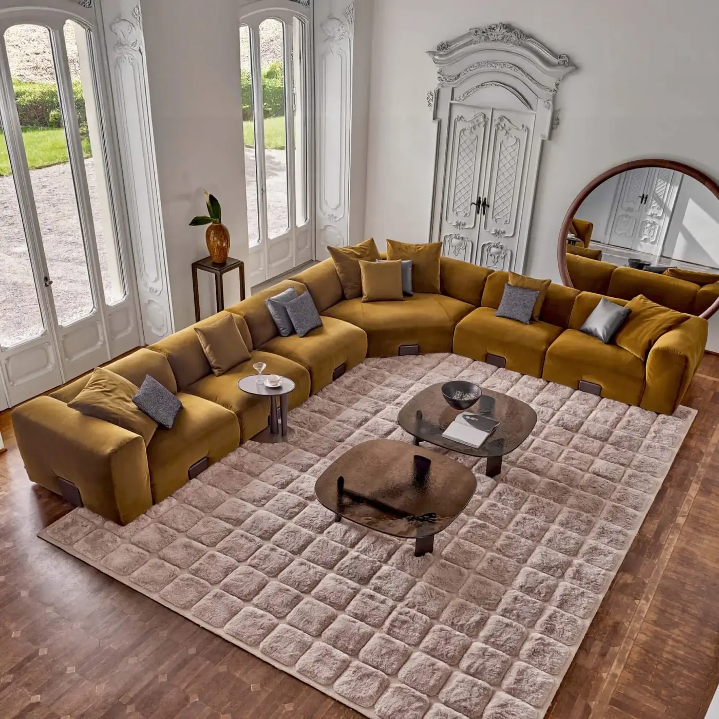 Distinguished Porada Koji sectional with expansive modular form and sumptuous golden-brown velvet upholstery with Canaletta walnut detailing